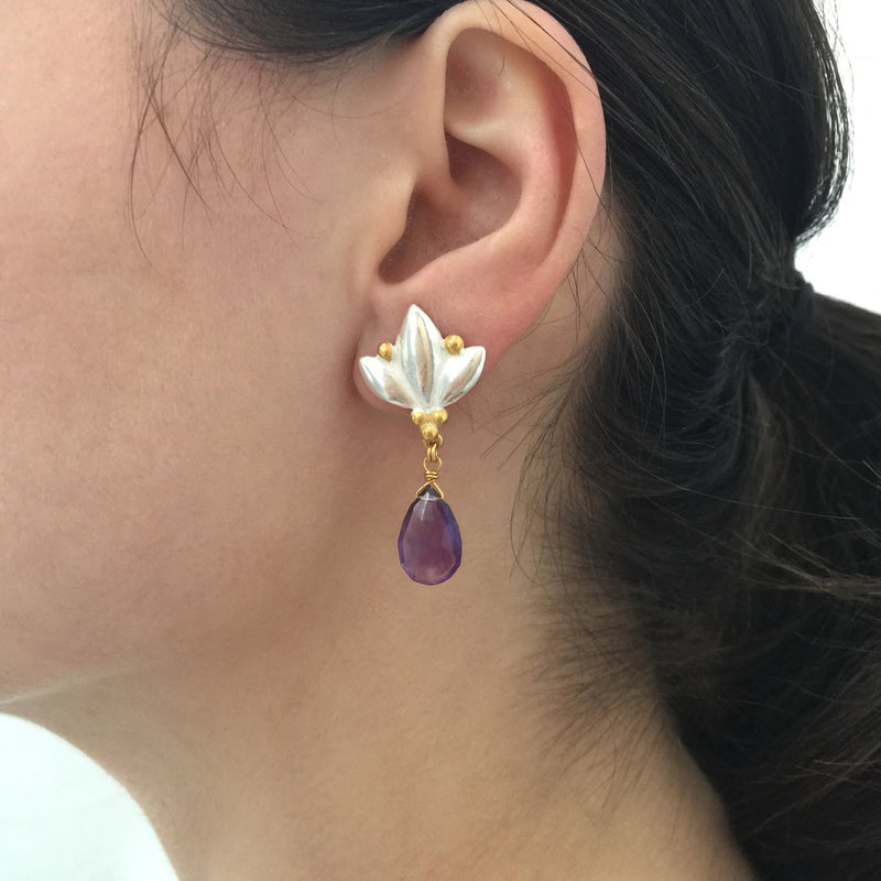 Large Lotus Drop Earrings - Amethyst