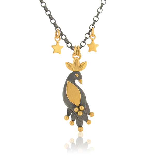 Night Royal Bird  Necklace - Extra Fine Chain - Black & Gold