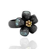 Ophelia Gumnut Flower Ring - Blue Topazes - Black & Gold