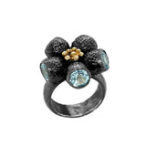 Ophelia Gumnut Flower Ring - Blue Topazes - Black & Gold
