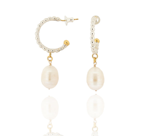 Litsa Hoop Earrings - Large Baroque Pearls - Silver