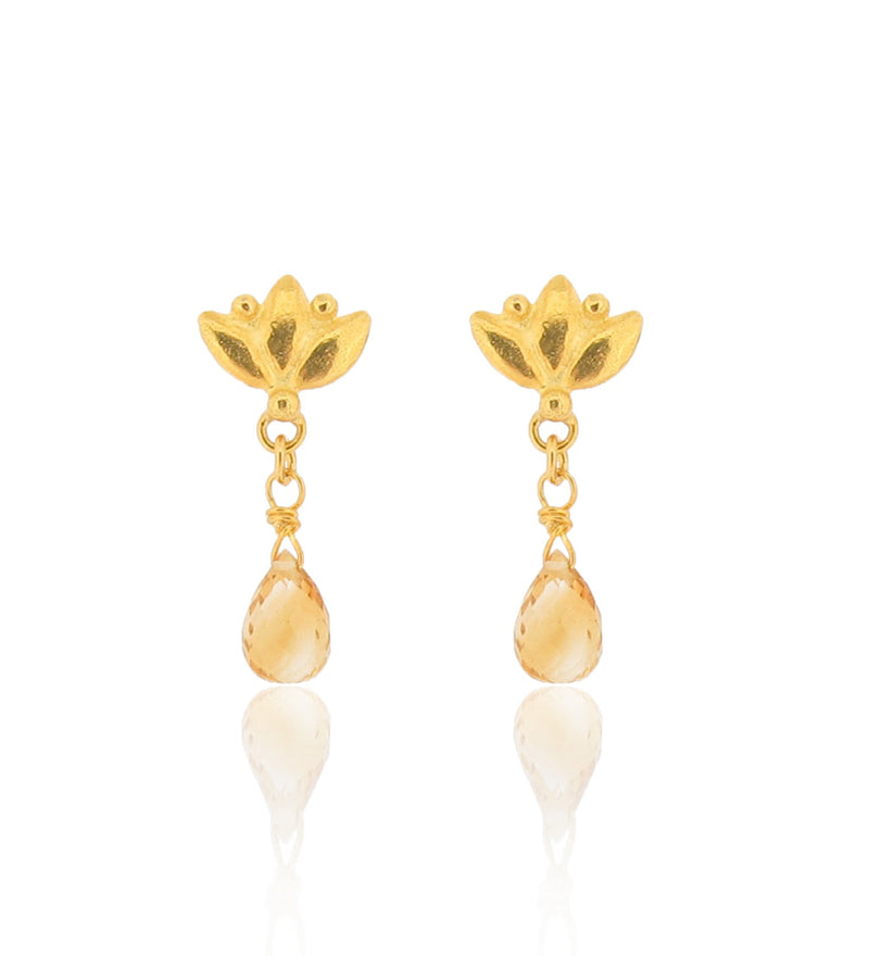 Small Lotus Drop Earrings - Citrine - Gold