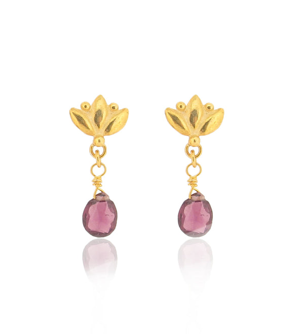 Small Lotus Drop Earrings - Rhodolite Garnet - Gold