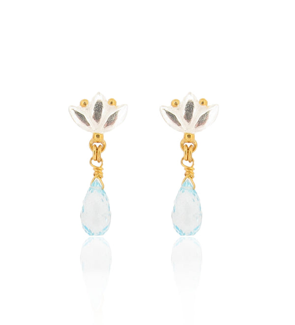 Small Lotus Drop Earrings - Blue Topaz - Silver
