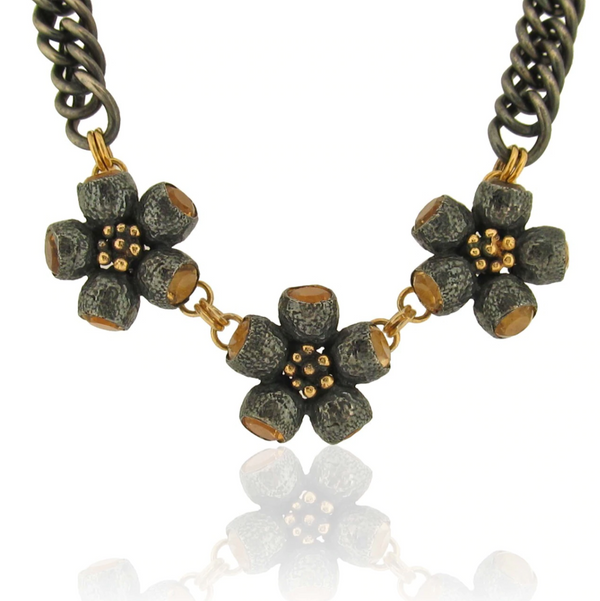 Ophelia Gumnut Flower Necklace - Citrines - Black & Gold