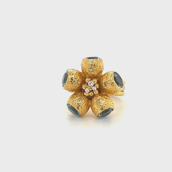 Goddess Ophelia Gumnut Flower Ring - 9ct Gold - Blue Topaz & Diamonds
