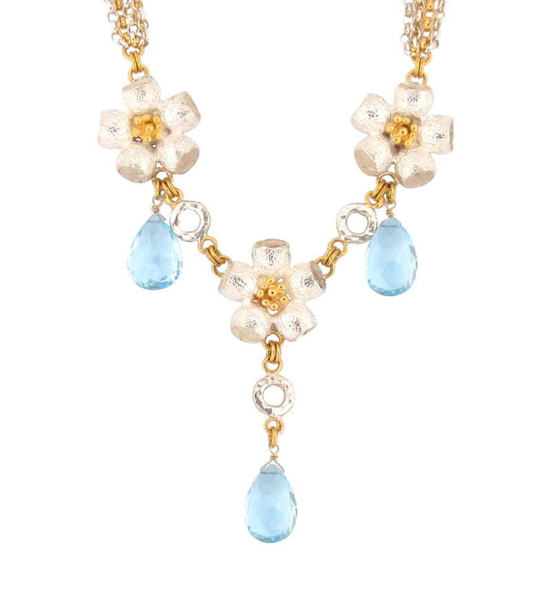 Queen Ophelia Gumnut Flower Necklace - Blue Topaz - Silver & Gold
